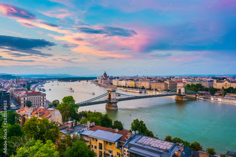 Panoramic view of Budapest after sunset