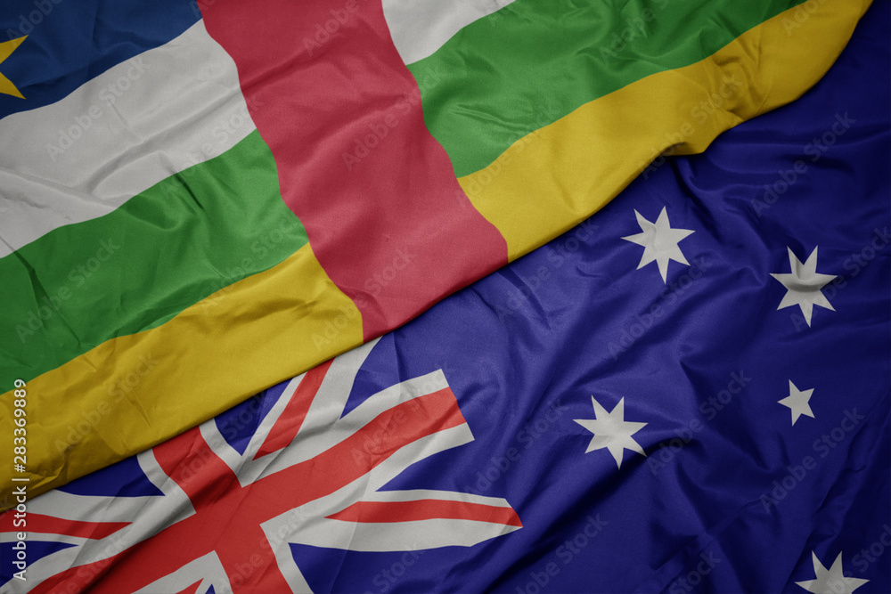 waving colorful flag of australia and national flag of central african republic.