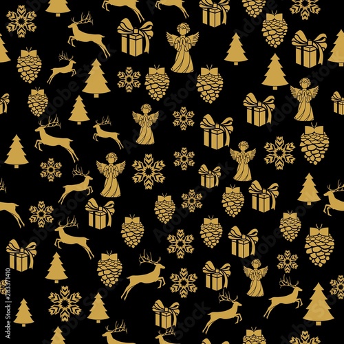 Golden New Year seamless pattern for gift wrapping or cards for the holidays. Easy style in one line, hipster style.