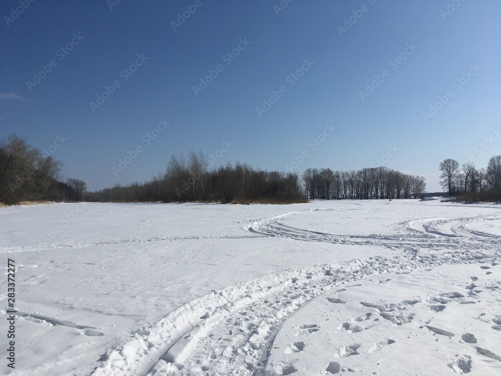winter rural landscape with frozen river and trees