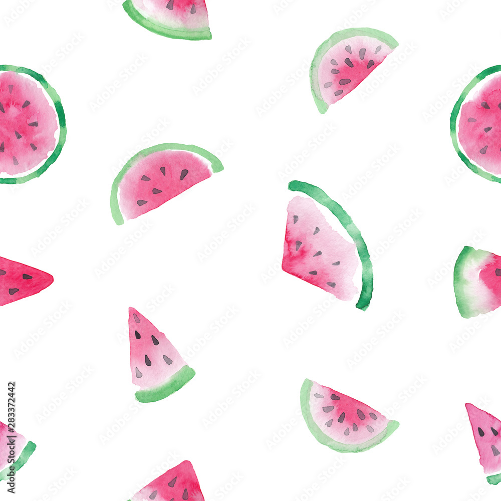 Slices of sweet fresh watermelon watercolor seamless pattern isolated on white background Slices of sweet fresh watermelon watercolor seamless pattern isolated on white background