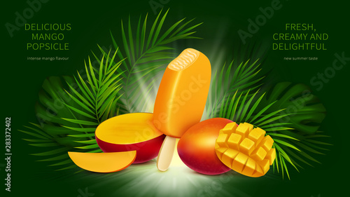 Mango popsicle, bitten yellow ice cream and palm leaves