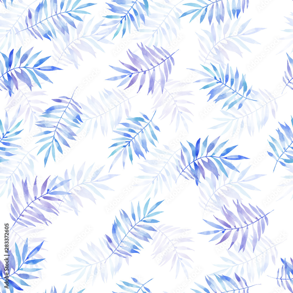 Watercolor blue seamless tropical summer pattern of fern twigs background