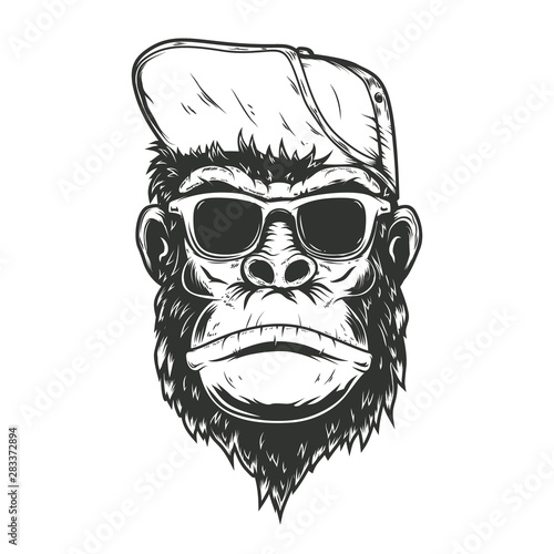 illustration of gorilla monkey in baseball cap. Design element for poster, t shirt, emblem, sign.