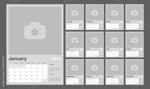 Wall calendar for 2020 year in minimal style with Place for Photo. Week Starts on Sunday. Set of 12 Months.