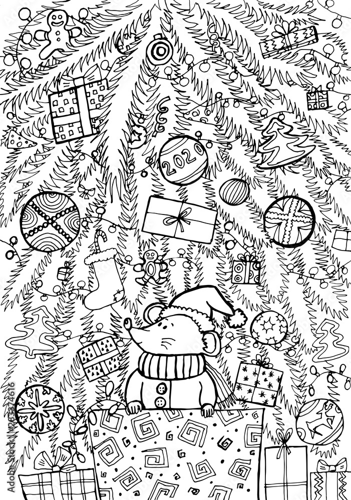 Hand drawing coloring for kids and adults. Merry Christmas and Happy New Year. Mouse. Rat. Christmas tree, decorations. Beautiful drawings with patterns and small details. One of a series of coloring