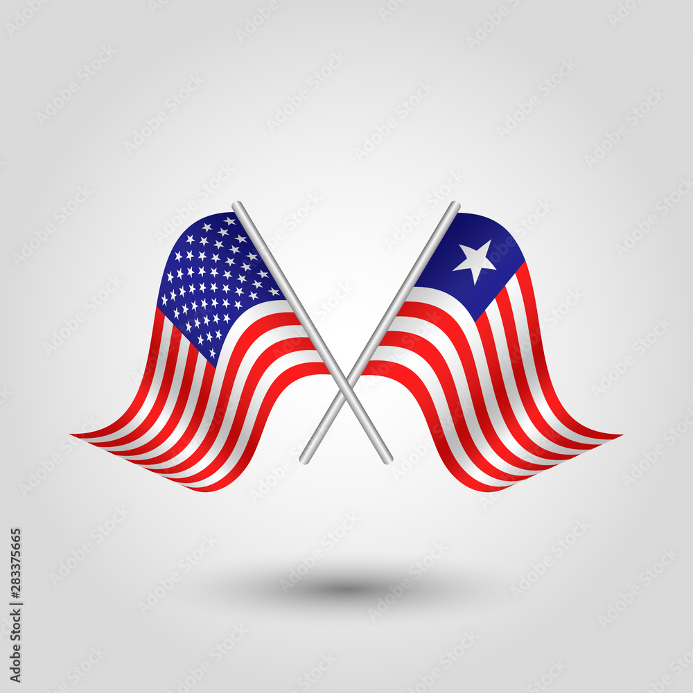 vector two crossed american and liberian flags on silver sticks - symbol of united states of america and liberia vector two crossed american and liberian flags on silver sticks - symbol of united states of america and liberia