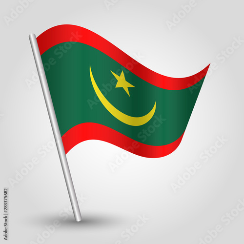 vector waving simple triangle mauritanian flag on slanted silver pole - symbol of mauritania with metal stick