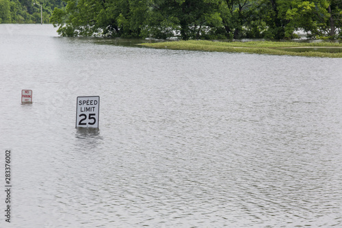 flooded road signs under water turn around don't drown