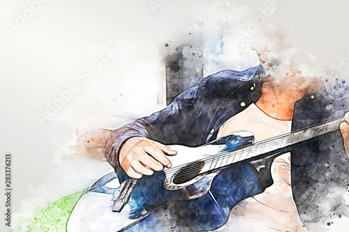 Abstract colorful shape on a man playing acoustic guitar on watercolor illustration painting background.
