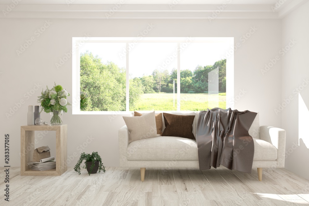 Stylish room in white color with sofa and summer landscape in window. Scandinavian interior design. 3D illustration Stylish room in white color with sofa and summer landscape in window. Scandinavian interior design. 3D illustration
