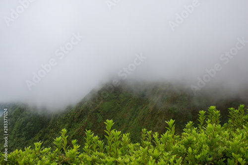 famous view of picturesque Sete Cidadas on a cloudy day, Sao Miguel Island, Azores, Portugal photo