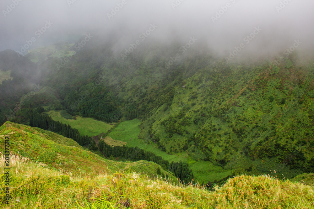 famous view of picturesque Sete Cidadas on a cloudy day, Sao Miguel Island, Azores, Portugal famous view of picturesque Sete Cidadas on a cloudy day, Sao Miguel Island, Azores, Portugal