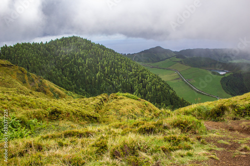 famous view of picturesque Sete Cidadas on a cloudy day, Sao Miguel Island, Azores, Portugal photo