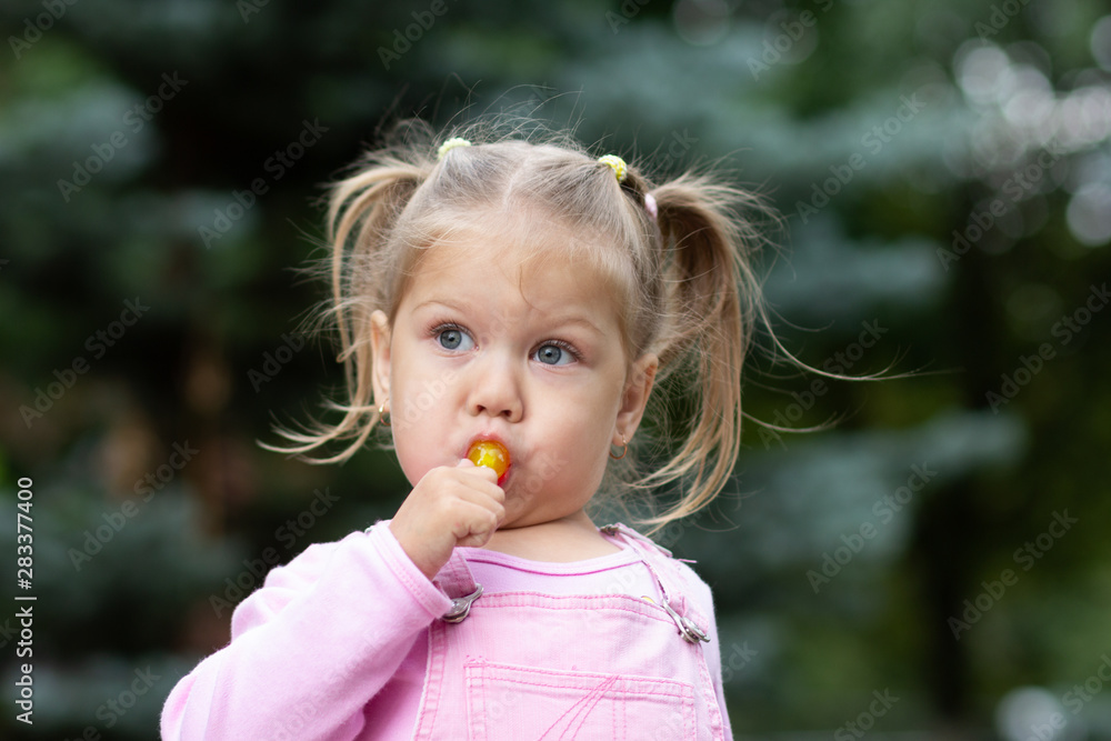 Beautiful child with lollipop in the summer park Beautiful child with lollipop in the summer park