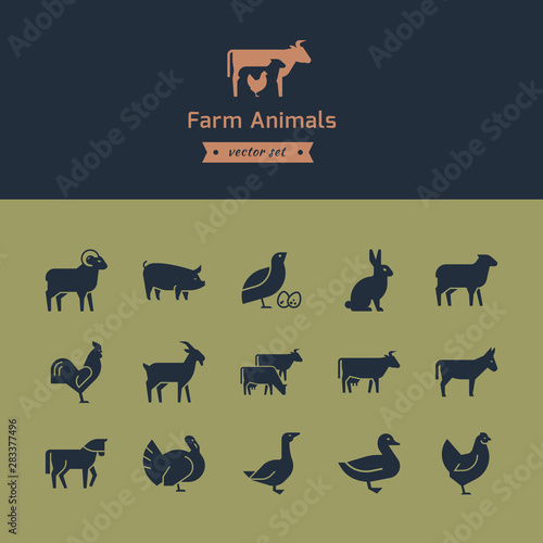 Set of meat animals icons with animals in profile. Vector collection made in retro style.