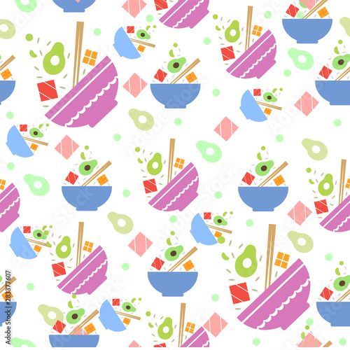 Multi-colored seamless pattern with poke bowl.