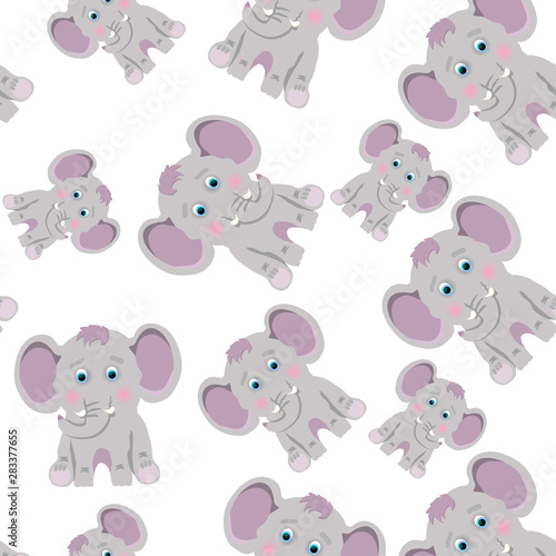 Cute grey elephants on white background. Seamless pattern with cartoon animals.