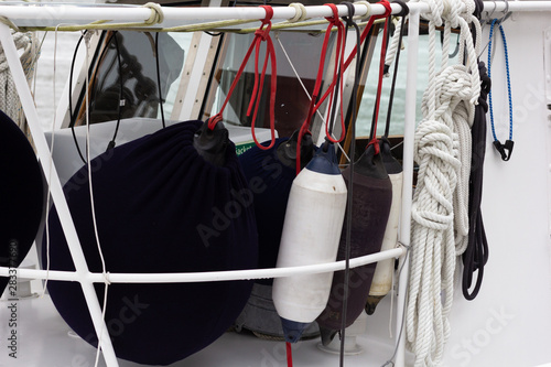 Different packed buoys on the board of yacht