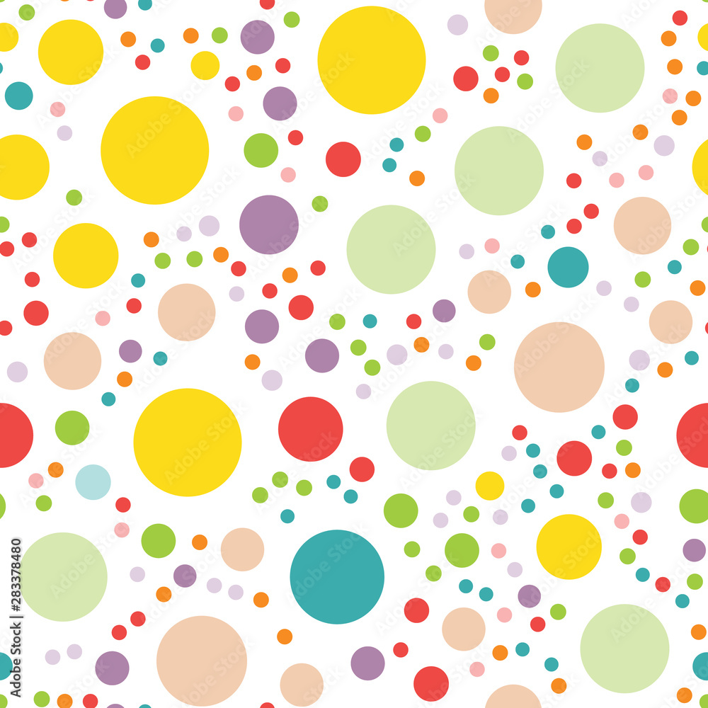 Cute seamless pattern with different size dots in rainbow colors. Vector illustration. Applicable for gift wrapping paper, textile desigtags, birthday greeting cards, sale flyers or party invitations. Cute seamless pattern with different size dots in rainbow colors. Vector illustration. Applicable for gift wrapping paper, textile desigtags, birthday greeting cards, sale flyers or party invitations.