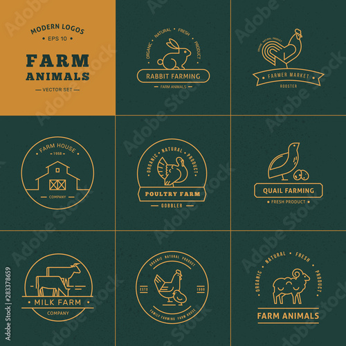 Vector set of 8 farm logos made in a linear style.