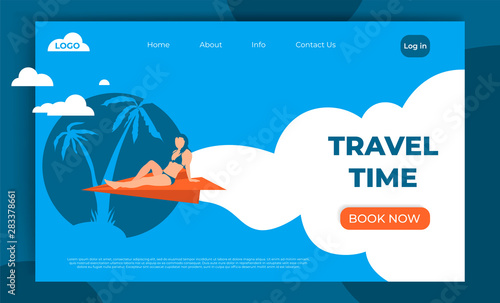 Landing page template of Book ticket flight for travel agency web page design. Modern flat concept mobile tourism website. Vector illustration with girl trip on paper plane. Banner, poster template