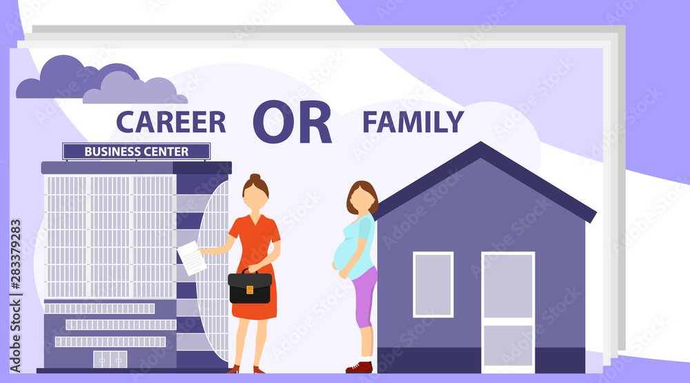 Fototapeta premium Career or family. A woman chooses between careers a business woman and family comfort. Vector illustration of a concept