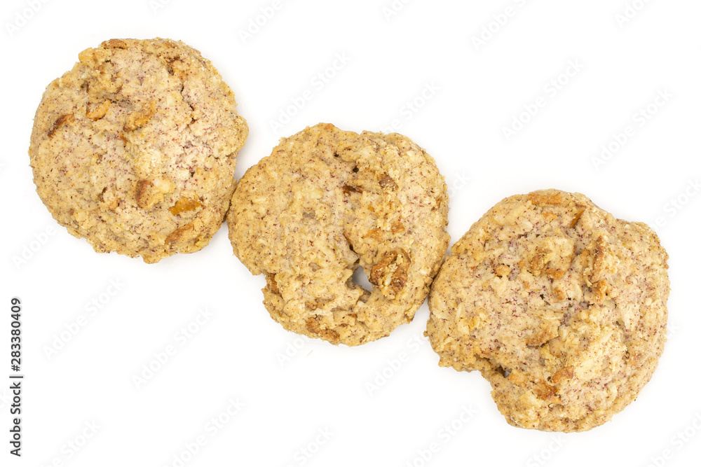 Group of three whole oat crumble biscuit flatlay isolated on white background Group of three whole oat crumble biscuit flatlay isolated on white background