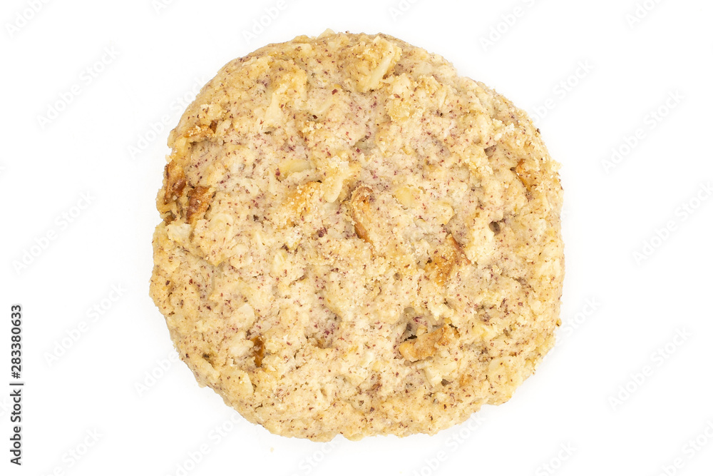 One whole oat crumble biscuit flatlay isolated on white background One whole oat crumble biscuit flatlay isolated on white background