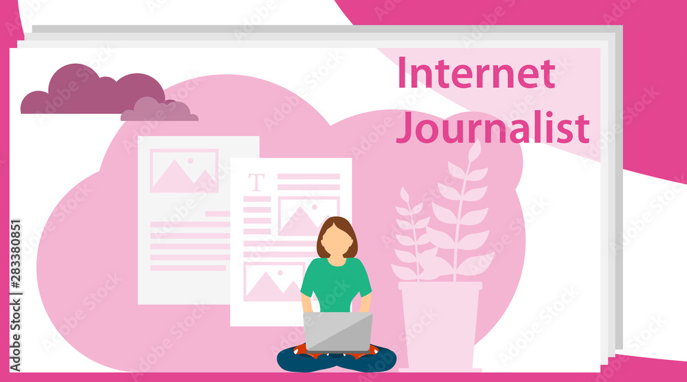 Internet journalist. A blogger is typing an article on a laptop. A woman keeps a blog. Vector Internet journalist. A blogger is typing an article on a laptop. A woman keeps a blog. Vector