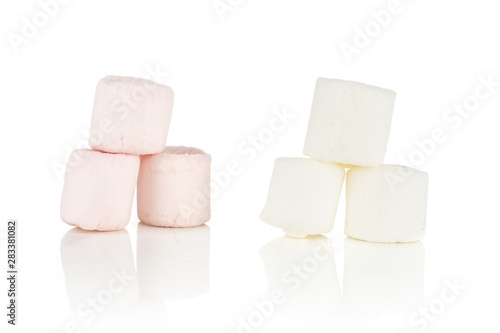 Group of six whole sweet fluffy marshmallow pink and white isolated on white background