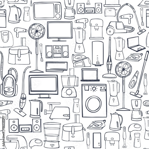 Hand drawn household appliances for home. Seamless vector pattern