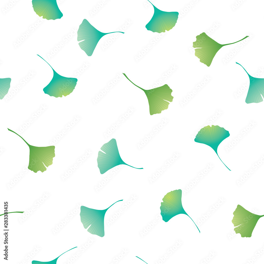 Obraz premium Ginko biloba hand drawn leaves, green and teal on a white background. Seamless pattern, vector illustration.