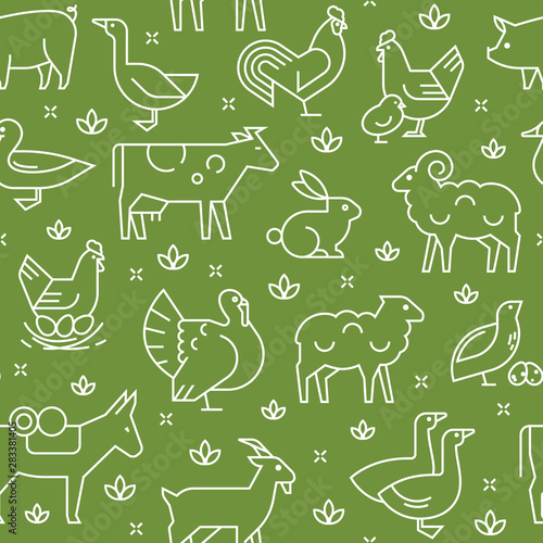 Green seamless vector pattern of farm animals, buildings, equipment and other elements