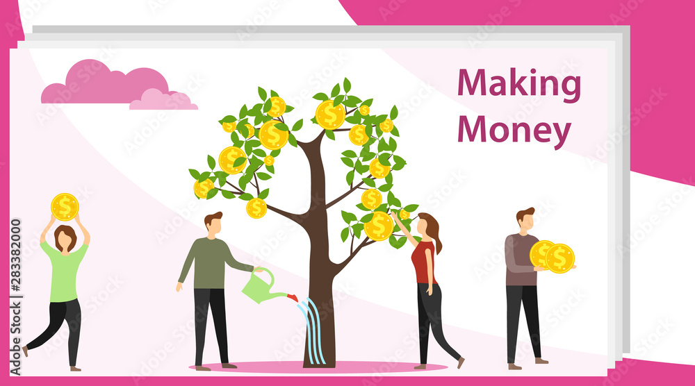 Making money. Mini people collect coins from a money tree and water it. Flat concept vector illustration of making