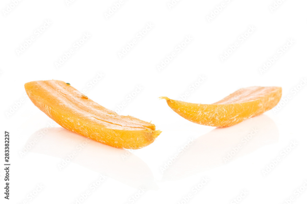 Group of two halves of stale  orange stale baby carrot baby isolated on white background