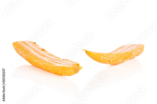 Group of two halves of stale  orange stale baby carrot baby isolated on white background