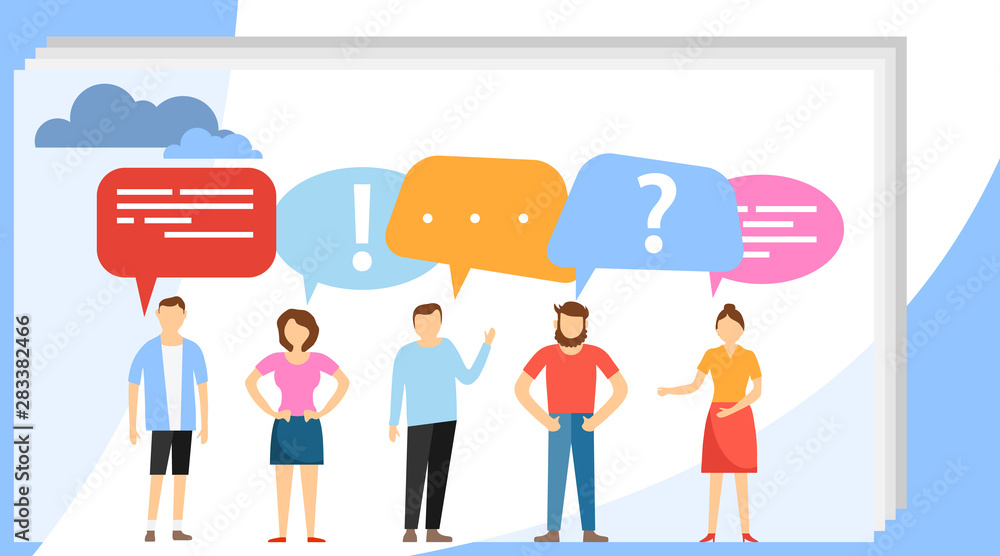 People talk using speech bubble. Social Media Network Concept. Group of business people speak and chatting. Communication with person. Isolated flat vector People talk using speech bubble. Social Media Network Concept. Group of business people speak and chatting. Communication with person. Isolated flat vector