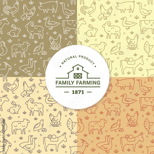 Set of four seamless vector patterns of farm animals, buildings, equipment and other elements.