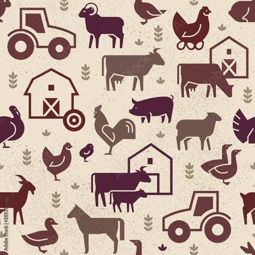 Seamless vector pattern of farm animals, buildings, equipment and other elements in green.