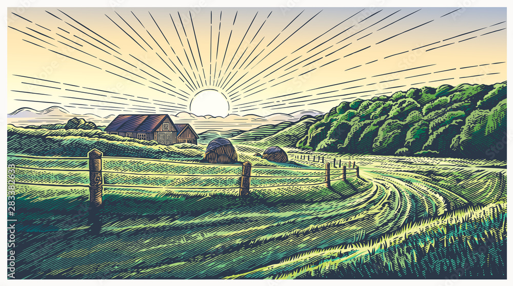 Rural landscape with village in engraving style and painted in color. Vector Illustration. - obrazy, fototapety, plakaty 