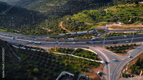 Jerusalem Tel aviv main road aerial view Flight drone shot of The mountains and main road from tel aviv to Jerusalem