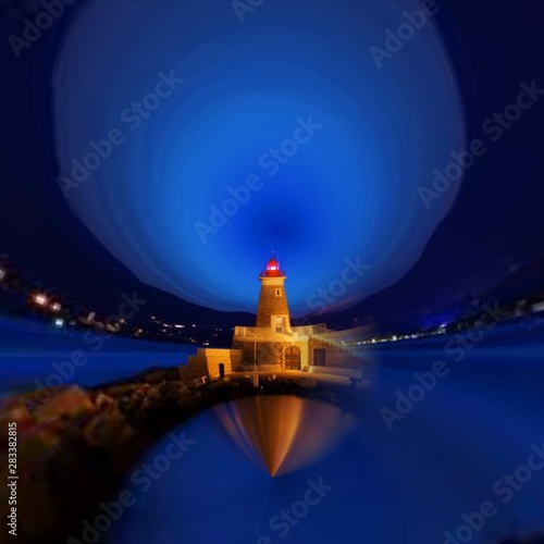 lighthouse at night with moon and stars
