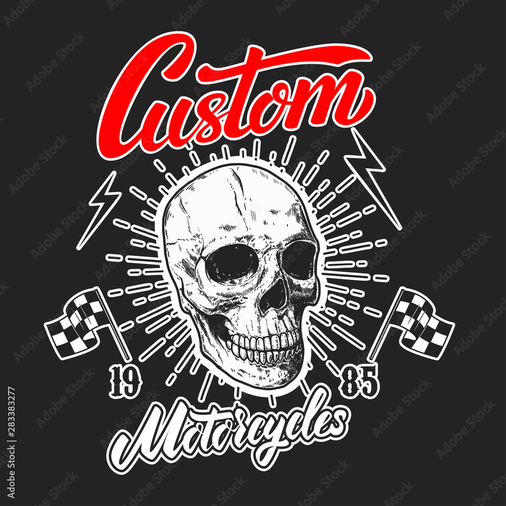 Fototapeta premium Custom motorcycles .Poster template with winged skull. Design element for poster, flyer, card, banner. Vector illustration