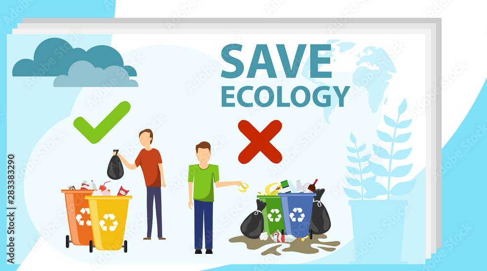 Save the environment. The correct and incorrect throwing of garbage by a man. How to throw garbage in the wrong way? Vector illustration of cleanliness