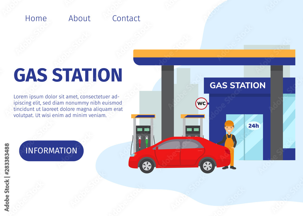Gas filling station vector web site template. Transport fuel and benzine  related service building, red car and cartoon worker illustration. Gasoline,  petrol and gas station with shop. Stock Vector | Adobe Stock