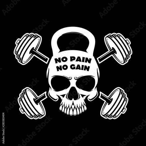 no pain no gain. Skull in kettlebell form and crossed barbells. Design element for logo, label, sign, poster. Vector illustration