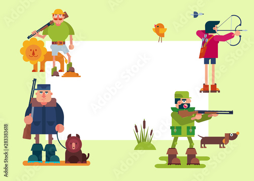 Hunters characters vector cartoon illustrations. Various hunter with riffle, gun, bow and animals. Safari hunting with lion, forest hunt and bear and duck shooting frame.