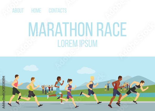 Jogging running maraphone race people vector illustration. Sport running group concept. People athlete maraphon runners, various man and woman runners.
