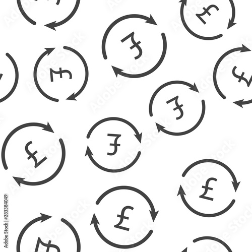 Vector circle icon with arrow and pound sign. Currency exchange symbol seamless pattern on a white background.